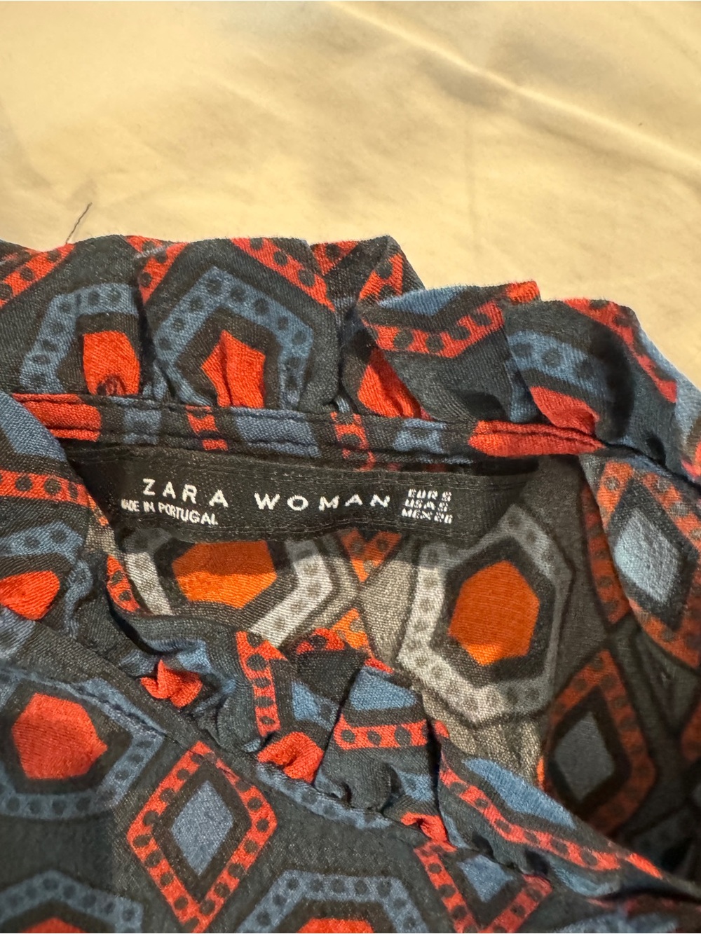 Zara Navy and Red Geometric Ruffle-Neck Blouse - Picture 4 of 4